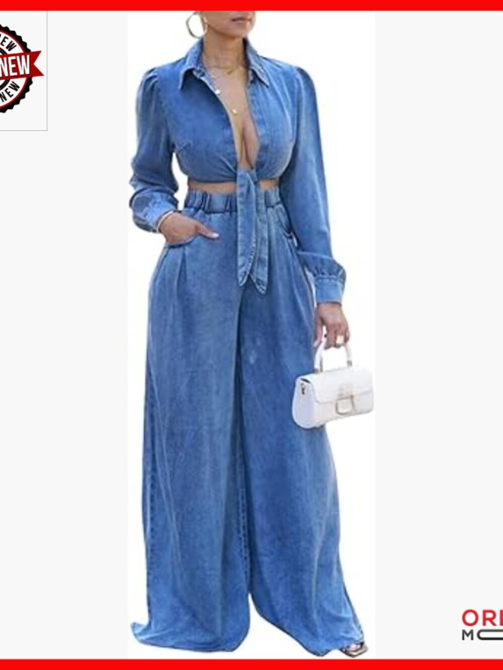 Denim Matching Set Long Sleeve Crop Top Wide Leg Pants Size Medium
